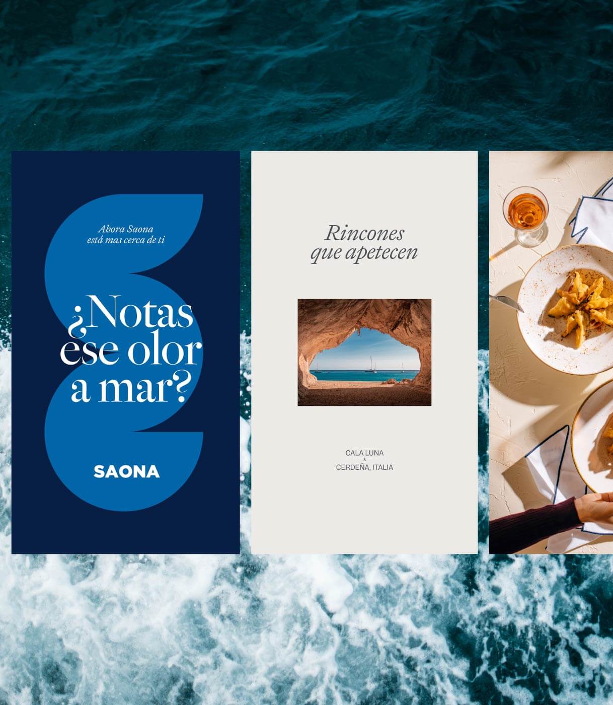 Composición de varias fotos para Saona, con una de fondo del mar con lemas como: ¿Notas ese olor a mar?, o la foto de un velero desde una cueva de costa mediterránea