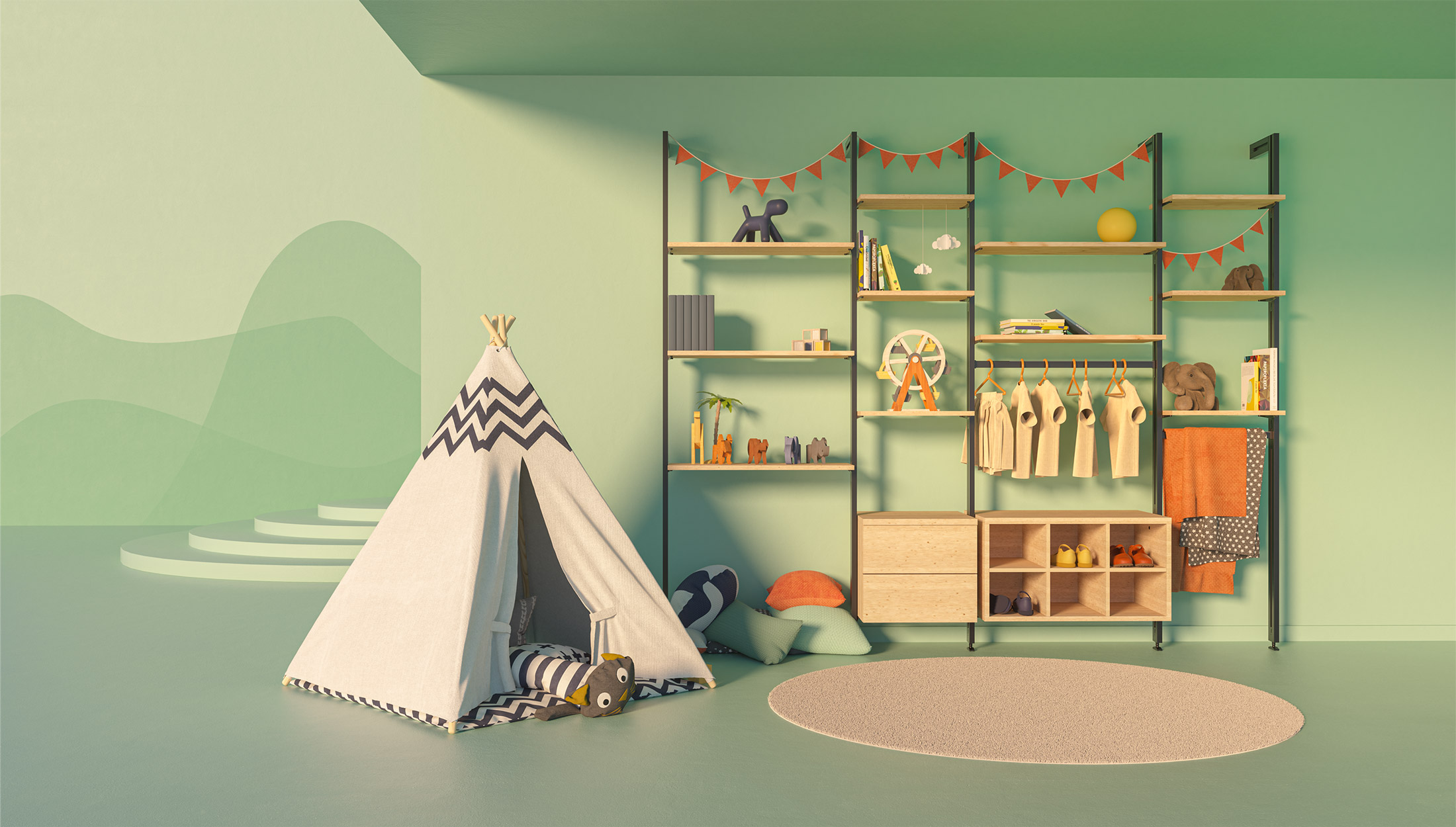 Imagen de una estantería en la habitación de un niños con su tienda de campaña y juguetes