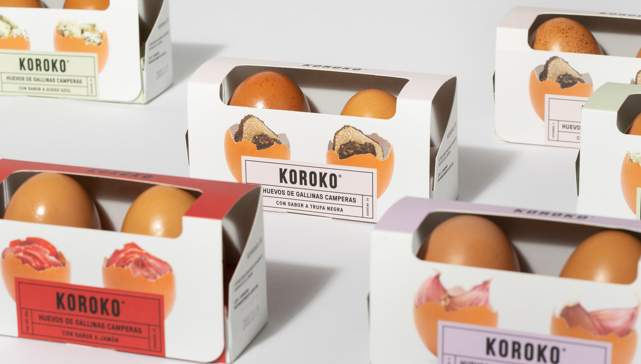 Muestra de los distintos diseños de packaging para Huevos Koroko