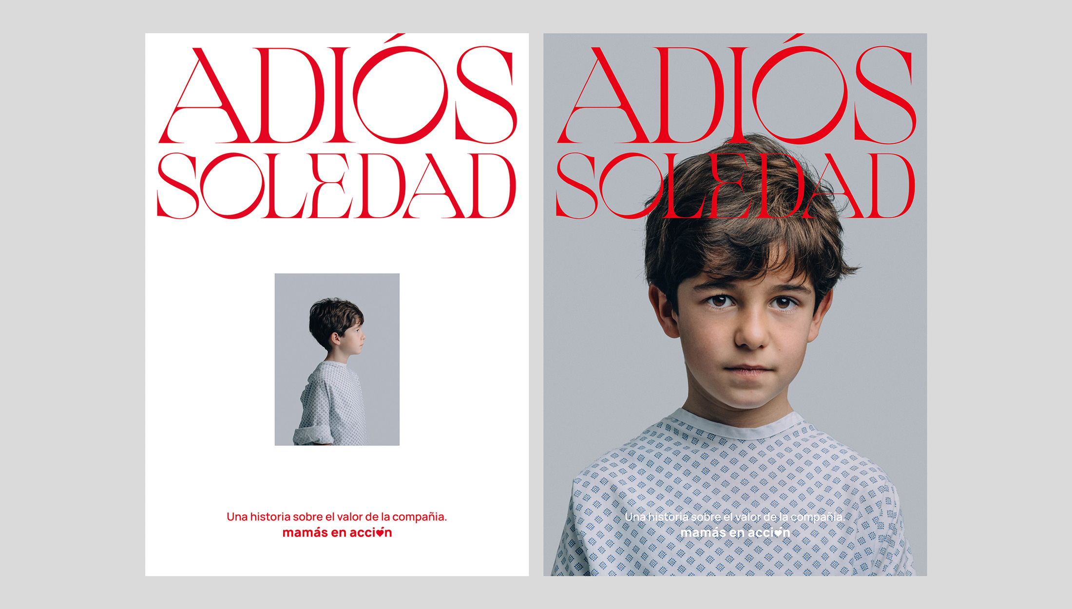 Carteles publicitarios para revista del vídeo Adiós Soledad, con foto de un niño primero de perfil y luego de frente