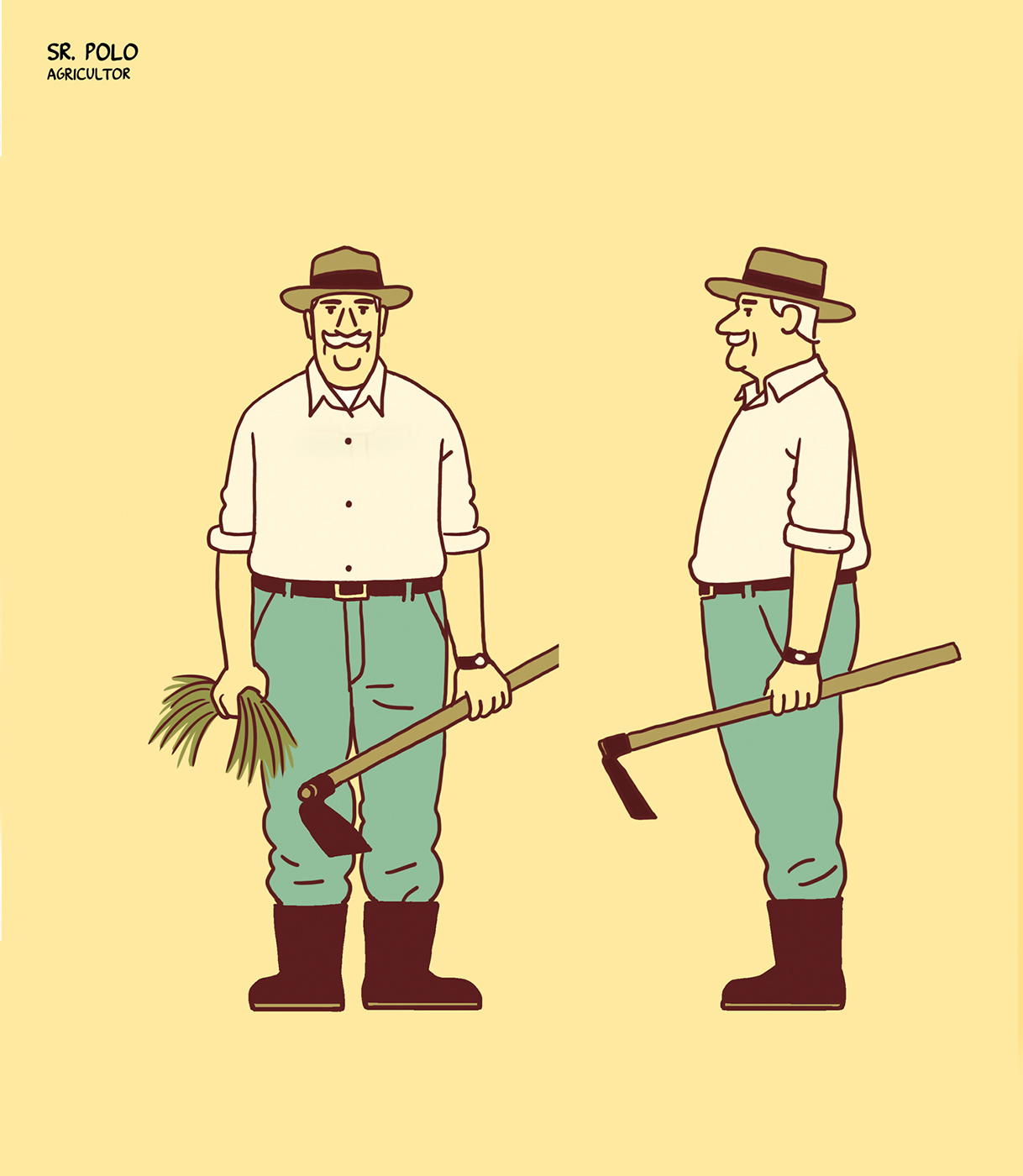 Esquema de dibujo del Sr. Polo como agricultor, imagen de perfil y de frente, con una hazada y unas hierbas en la mano