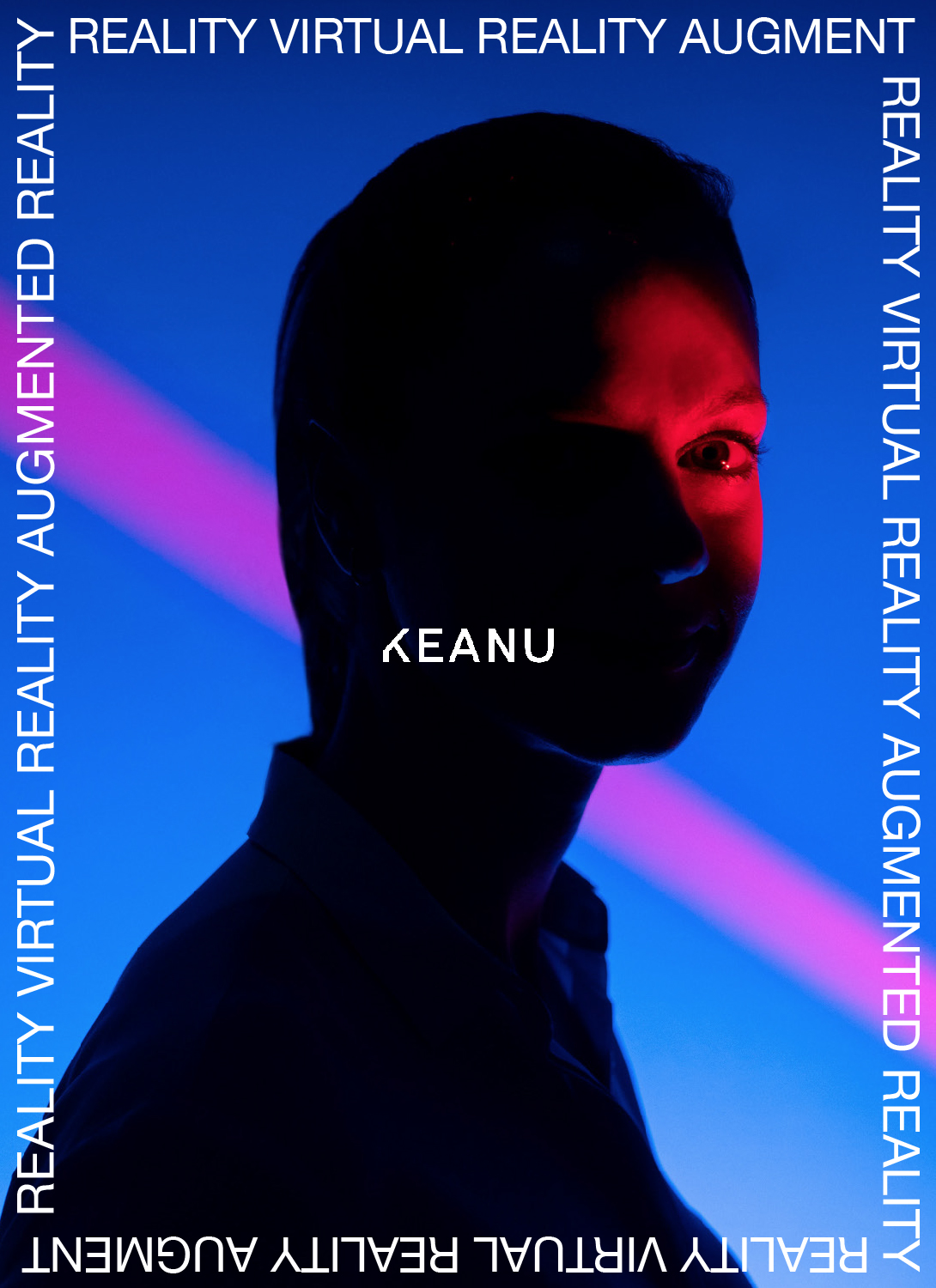 Cartel publicitario de Keanu, con un rostro ensombrecido y sólo el ojo izquierdo con luz roja