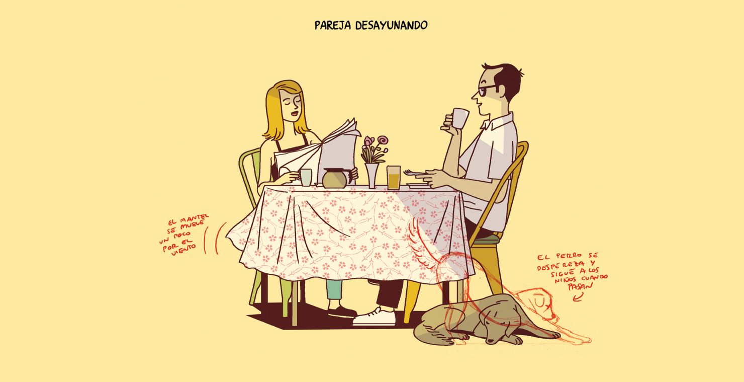 Dibujo de pareja desayunando con notas sobre el dibujo: el mantel se mueve un poco, el perro se despereza