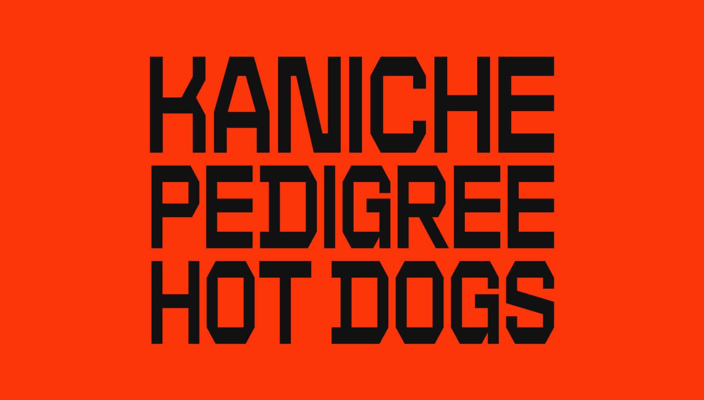 Imagen amplia del nombre de la marca con su tipografía específica muy recta: Kaniche pedigree hot dogs